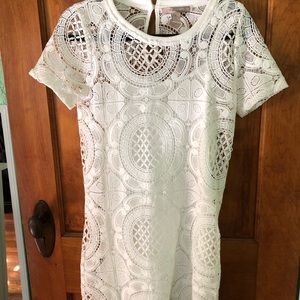 White lace dress with a white slip underneath.